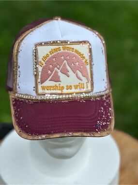 OTTO Burgundy and White Glitter Trucker Hat with Mountain Patch